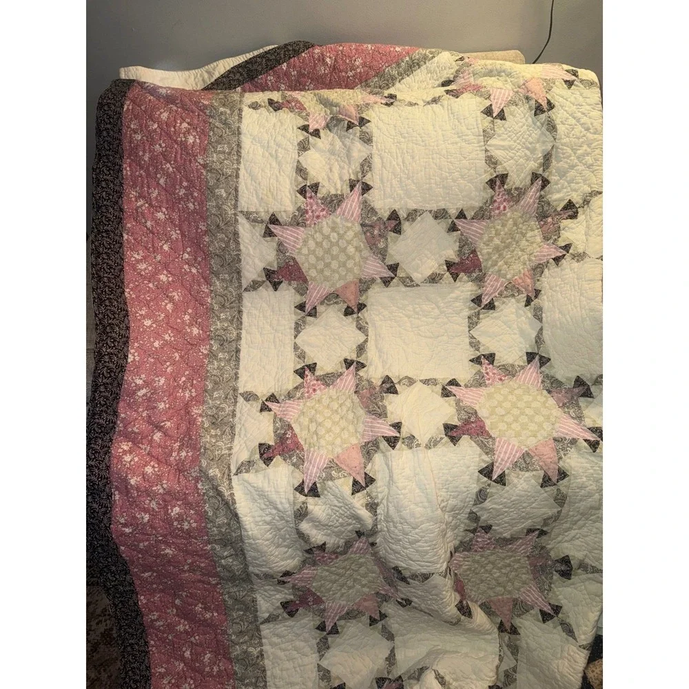 Pink Floral‎ Star Patchwork Quilt and Pillow Sham Set Cottage Core King Bedding